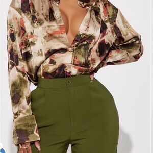 Fashion Nova Artistic Print Blouse - Cream, Green, Brown